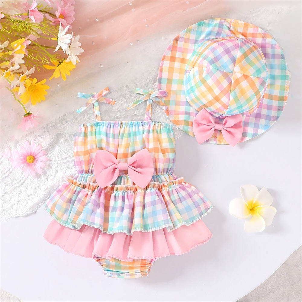 2PCS Sweet Plaid Printed Bow Frill Trim Sleeveless Baby Romper