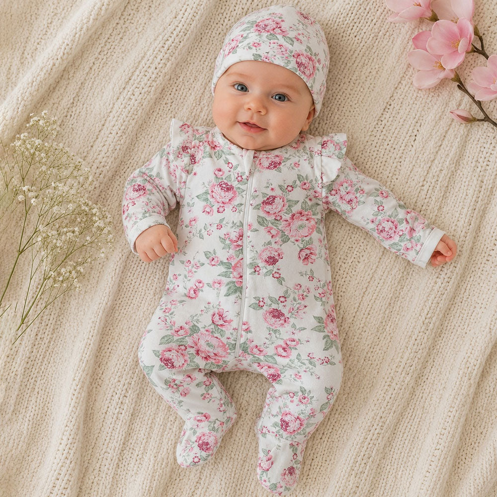 2PCS Comfy Floral Printed Zipper Long Sleeve Baby Girl Jumpsuit