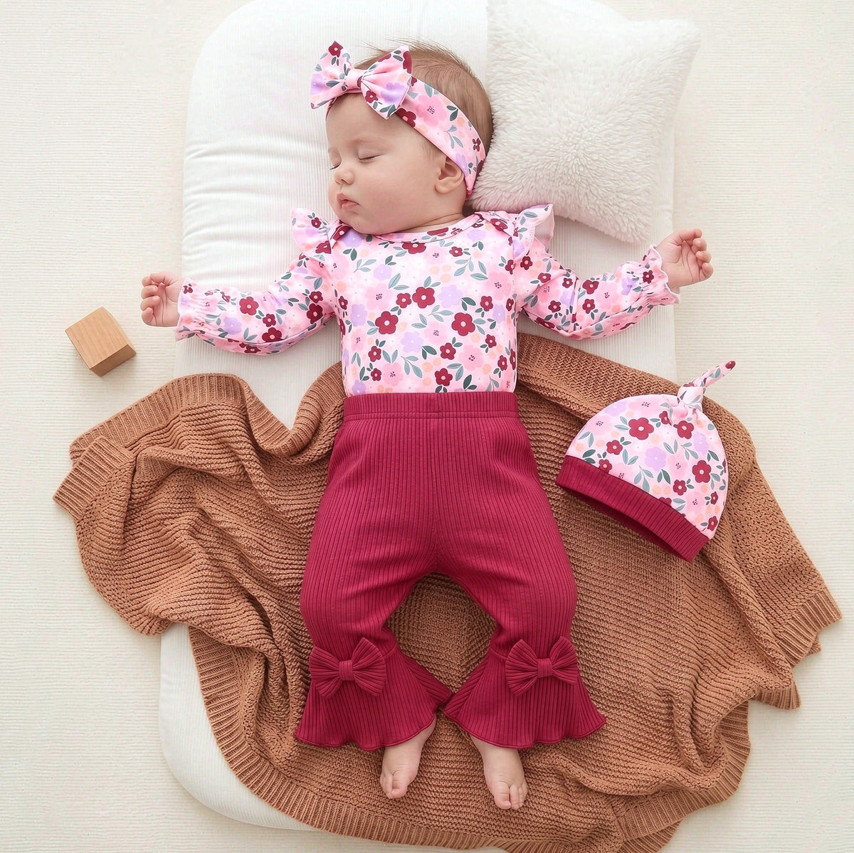 4PCS Colorful Baby Girl Floral Print Bow Long Sleeve Set