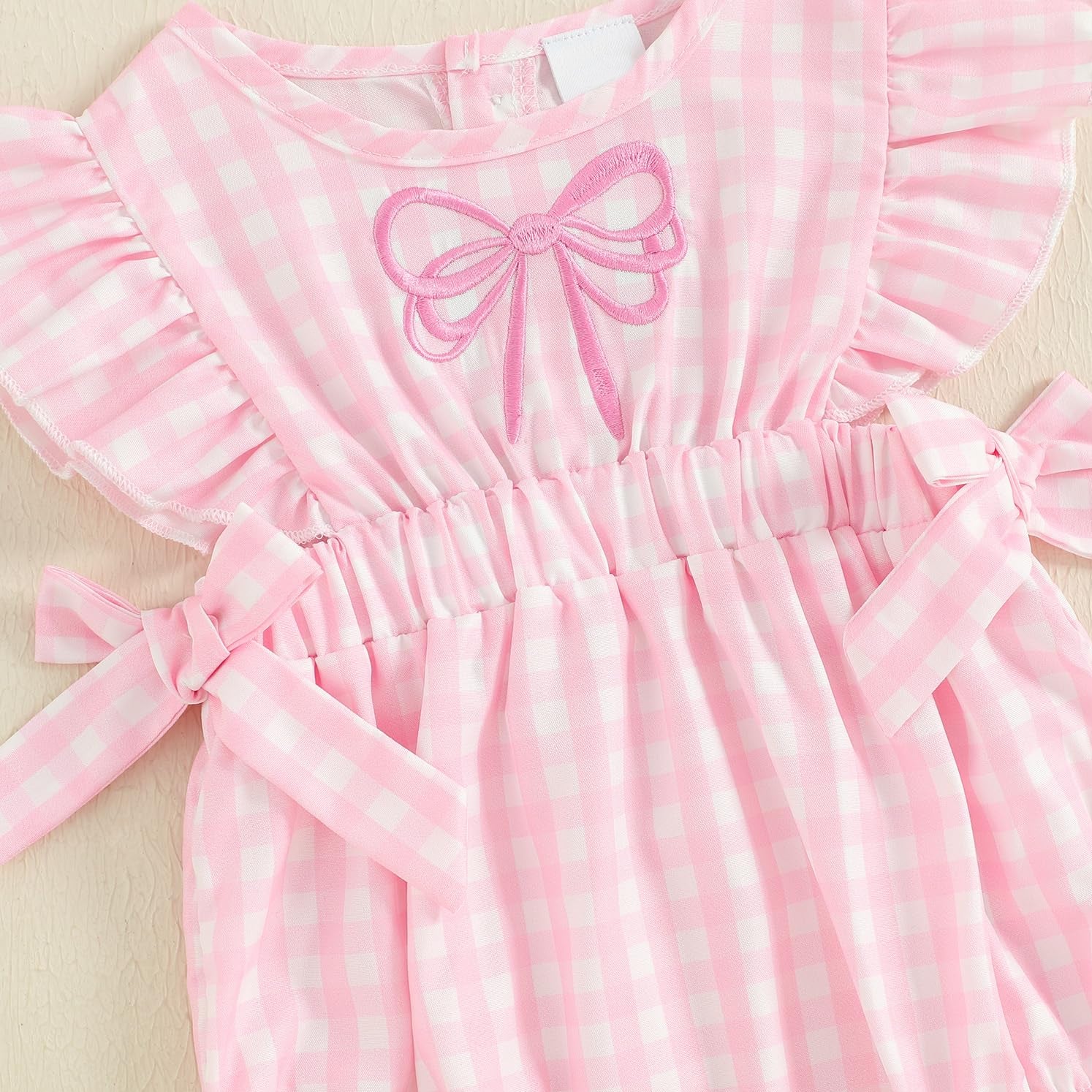 Sweet Bow Embroidery Plaid Printed Baby Romper