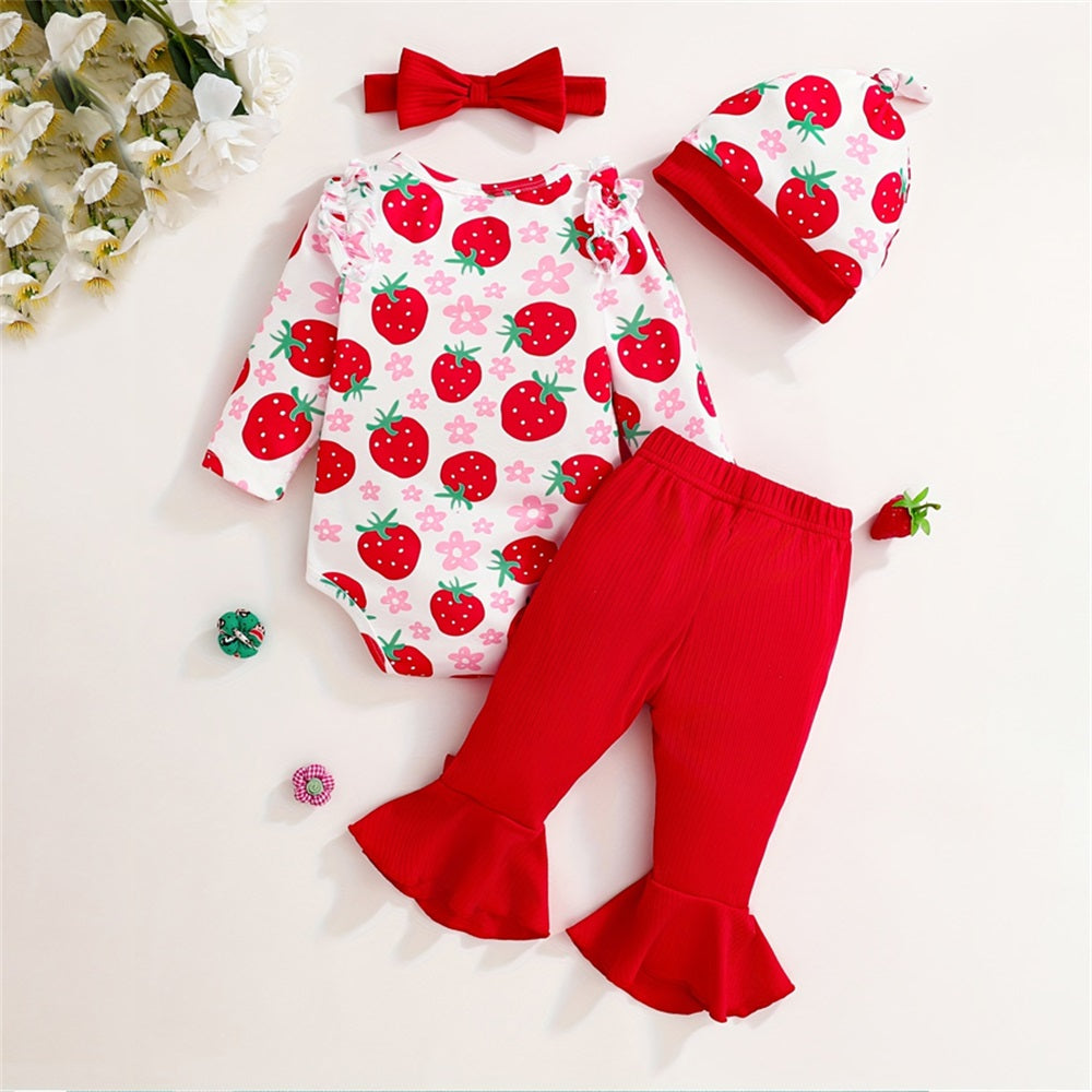 3PCS Adorable Strawberry Printed Long Sleeve Baby Set