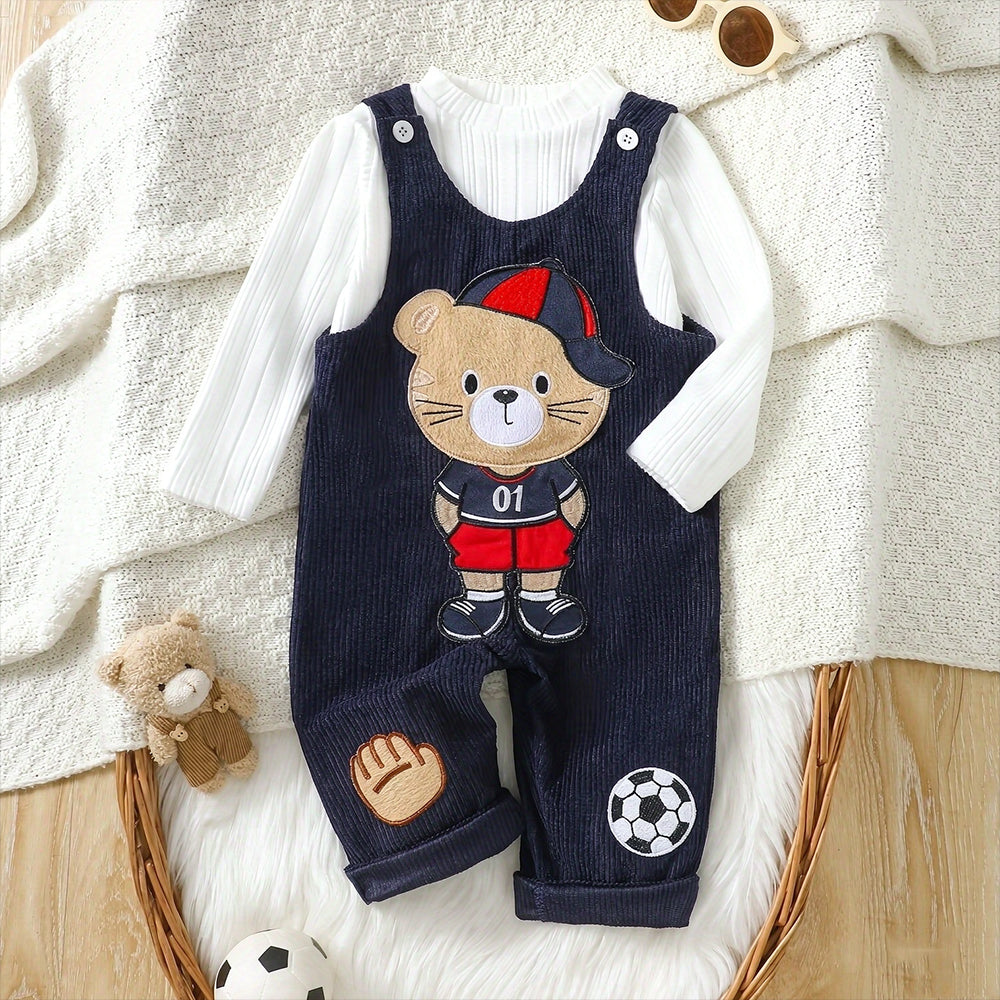 2PCS Cozy Bear Applique Long Sleeve Corduroy Baby Boy Overalls Set
