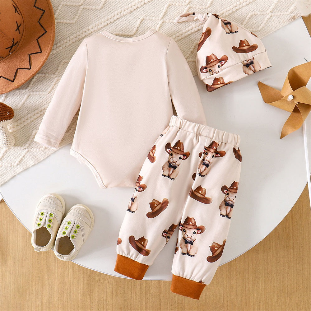 3PCS New To The Herd Letter Cow Print Long Sleeve Baby Set