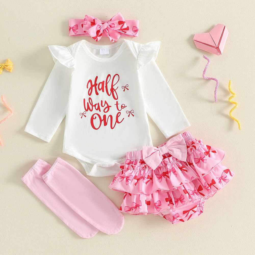 4PCS Half Way To One Letter Bow Print Long Sleeve Baby Set