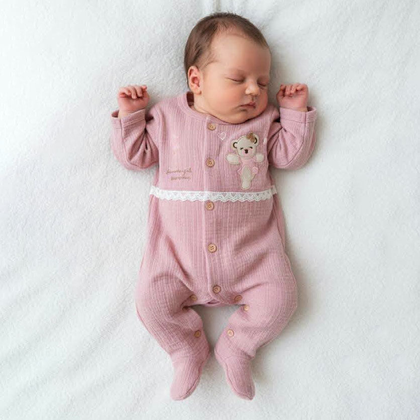 Cute Teddy Bear Applique Lace Long Sleeve Baby Girl Jumpsuit