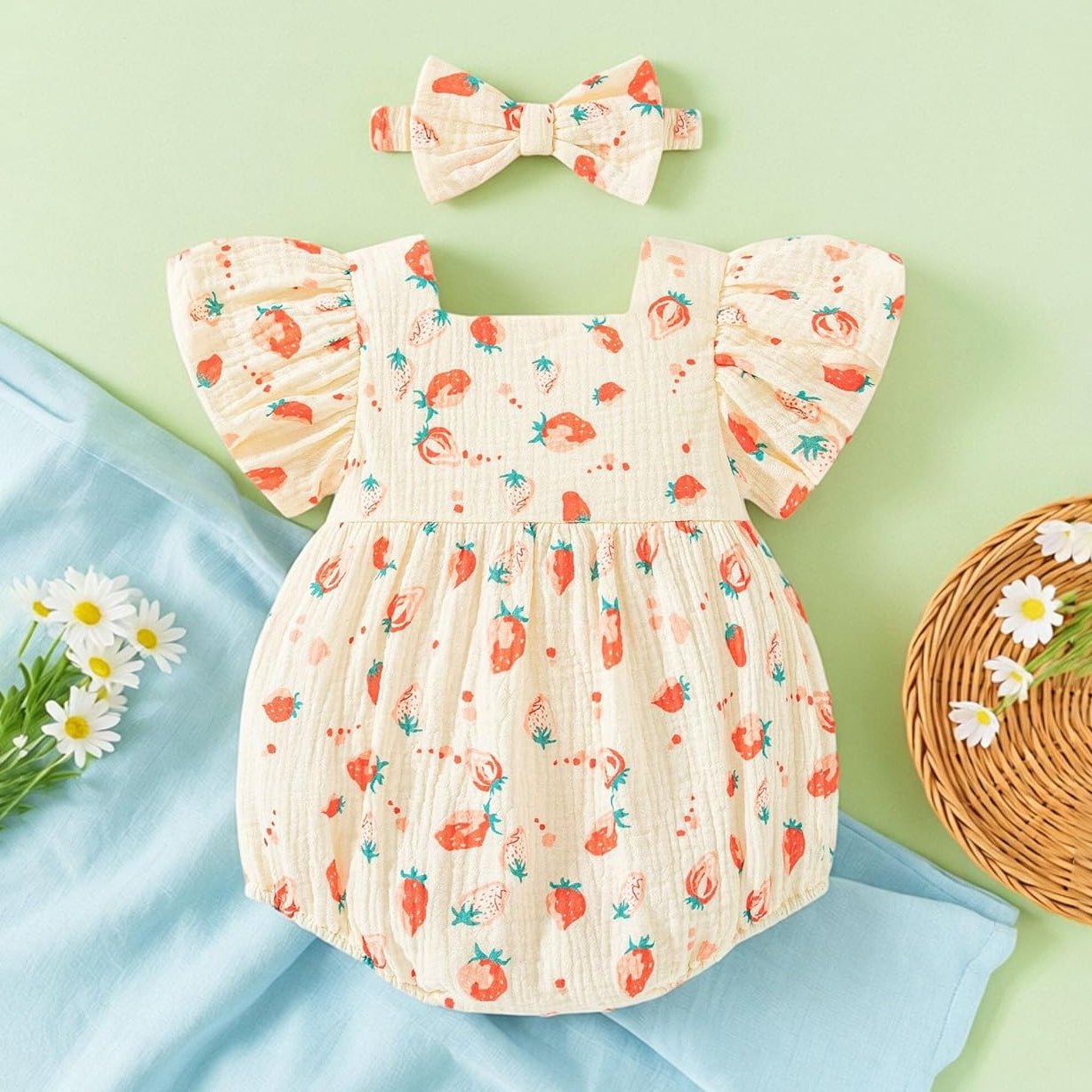 2PCS Cute Strawberry Print Bowknot Flutter Sleeve Baby Romper