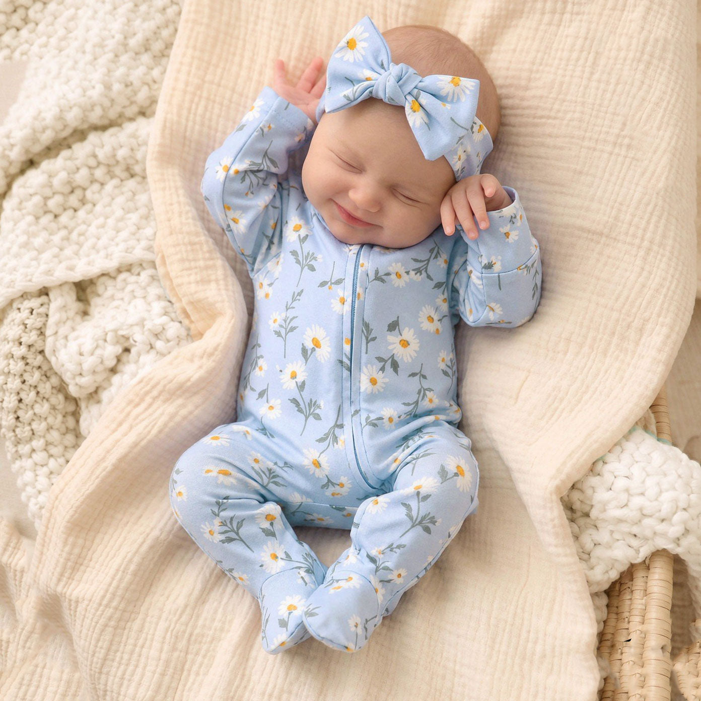 2PCS Sweet Daisy Print Long Sleeve Zipper Baby Jumpsuit