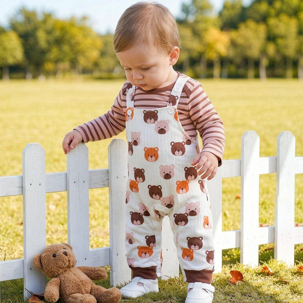 2PCS Stripe Print Romper and Bear Print Overalls Baby Set