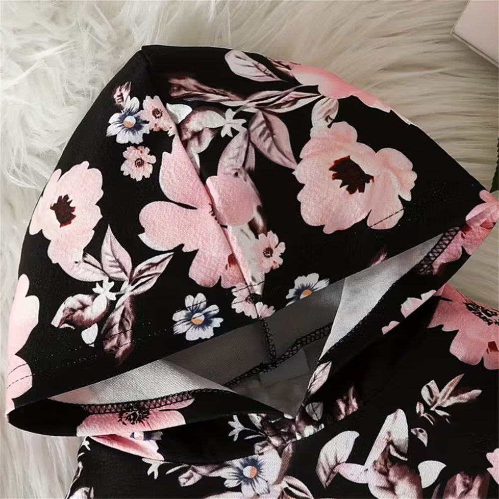 2PCS Stylish Floral Print Long Sleeve Baby Hooded Set