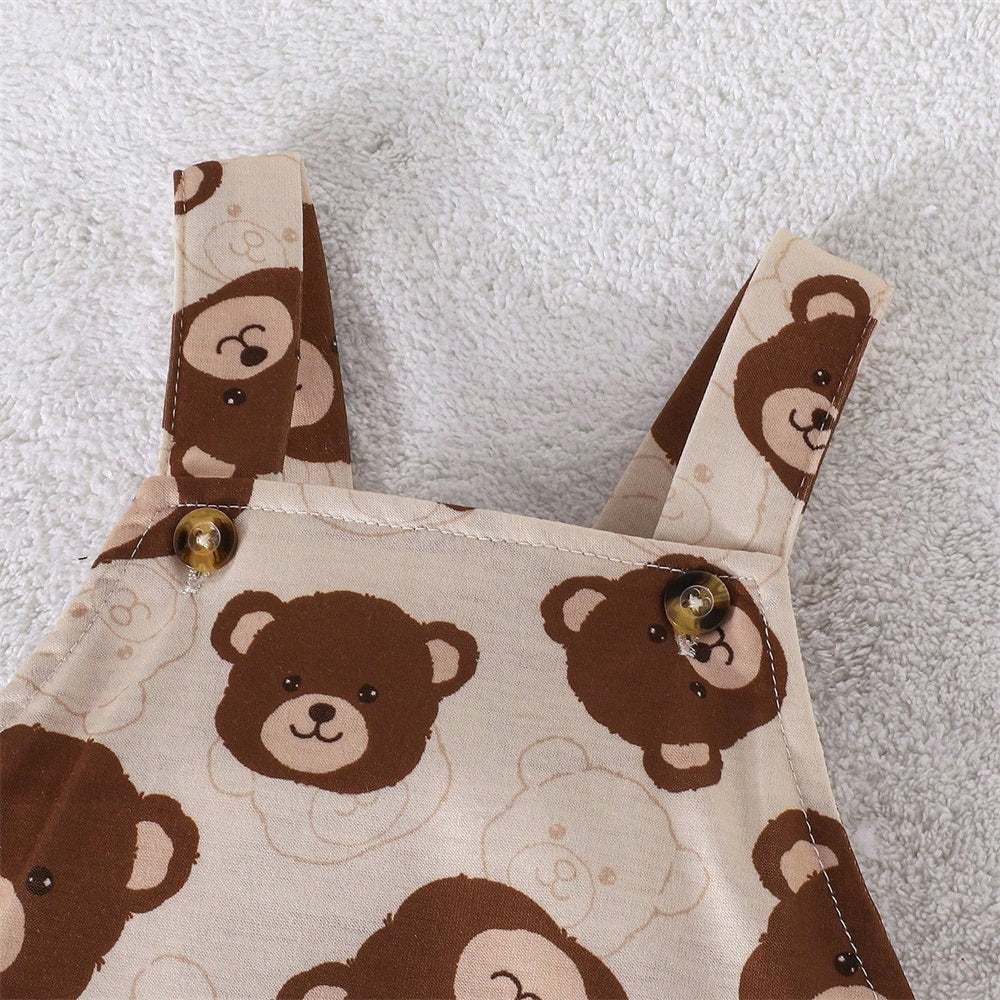 2PCS Cute Cartoon Bear Printed Short Sleeve Baby Overalls Set