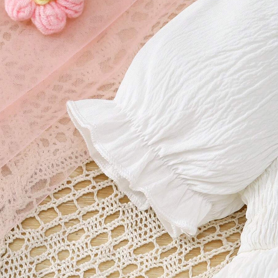 Sweet Solid Color Fabric Rosette Eyelet Lace Short Sleeve Baby Romper