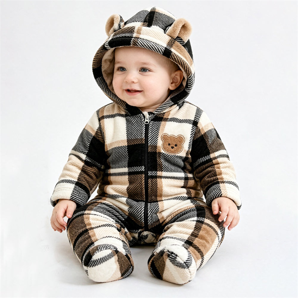 Cute 3D Ear Plaid Printed Long Sleeve Hooded Baby Jumpsuit