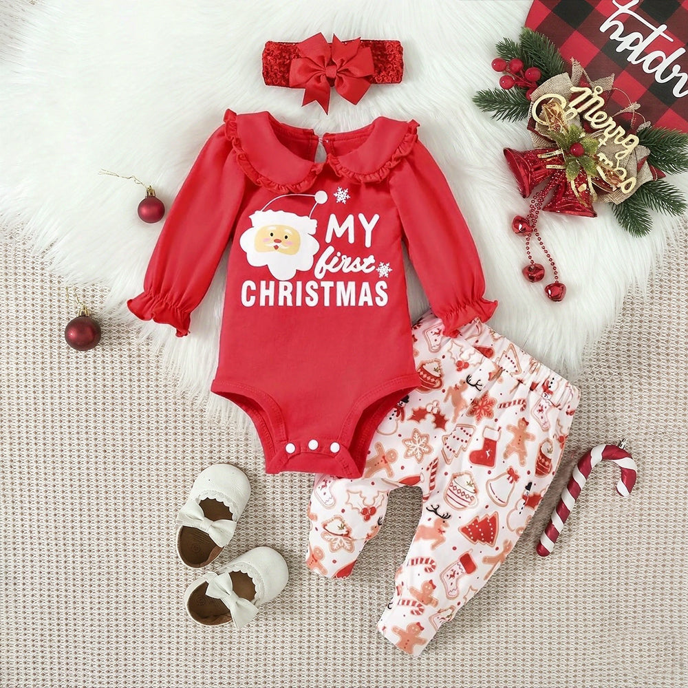 3PCS My First Christmas Letter Santa Print Long Sleeve Baby Girl Set