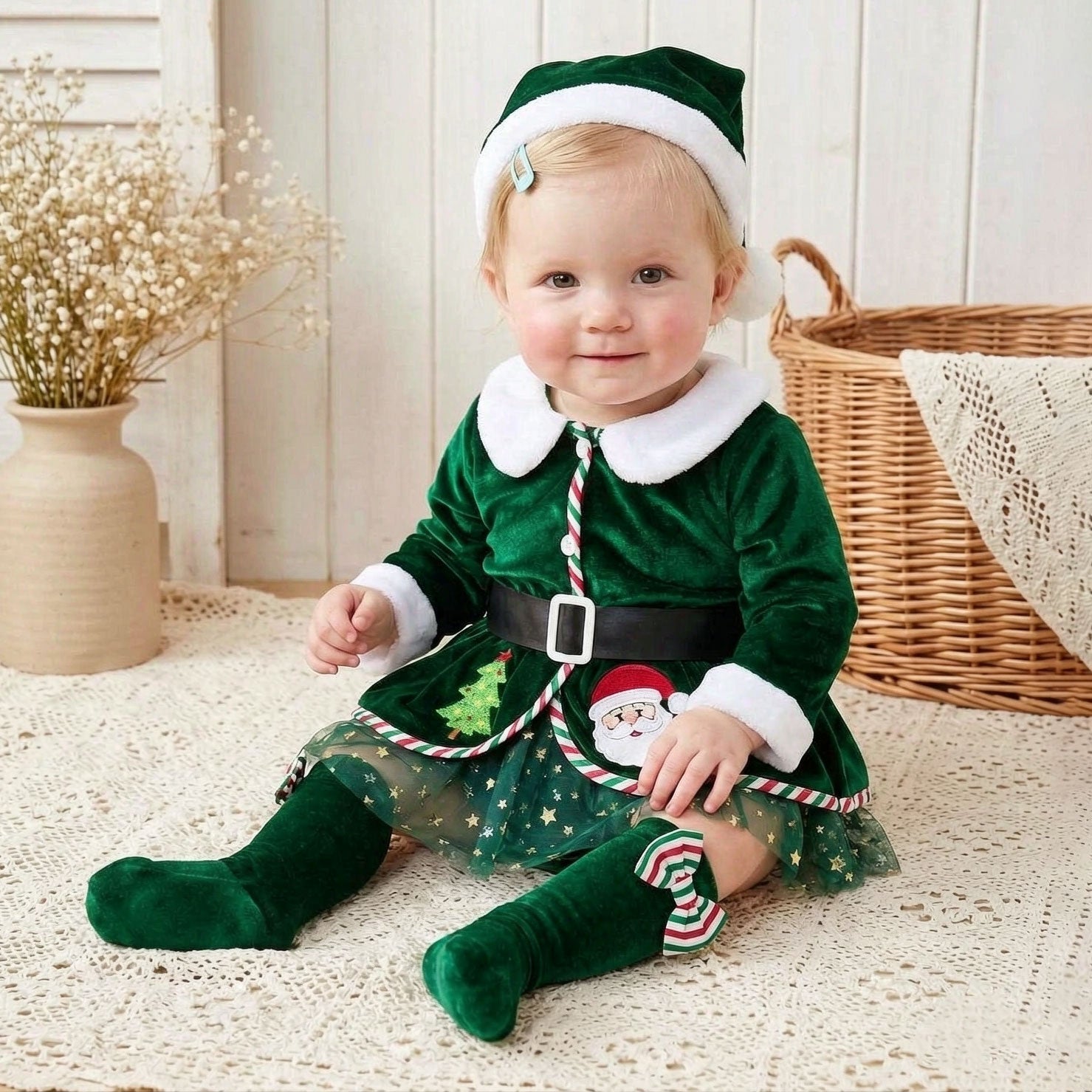 3PCS Christmas Santa Claus Printed Tulle Long Sleeve Baby Romper