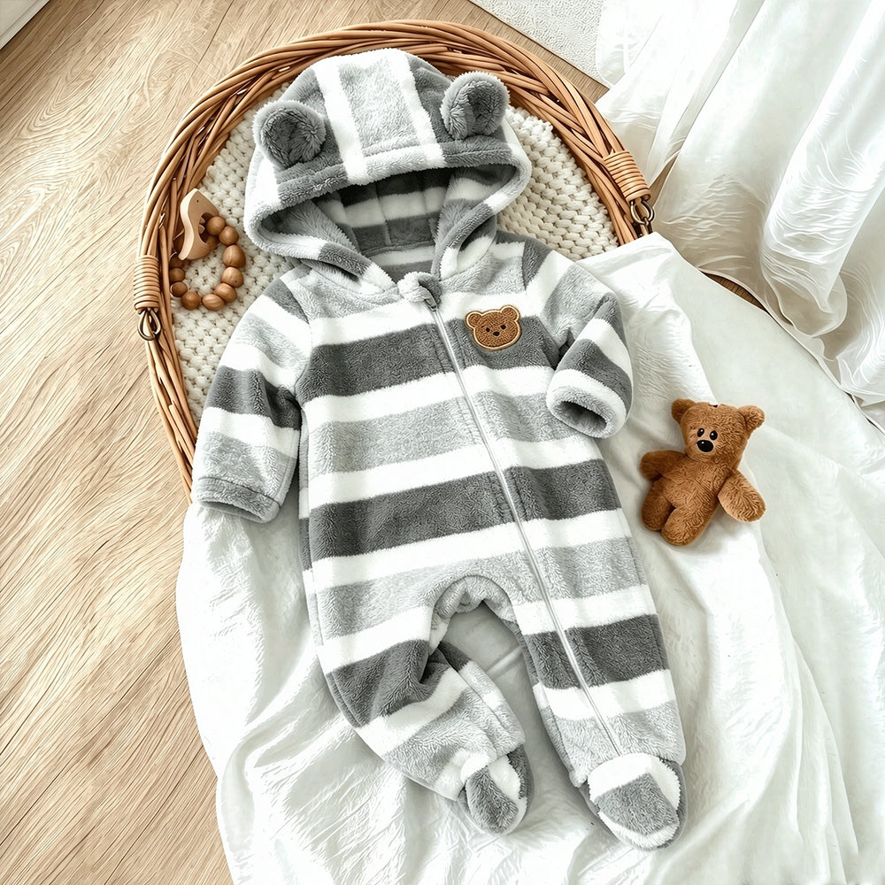 Casual Bear Applique Striped Long Sleeve Baby Zipper Hooded Fleece Jumpsuit