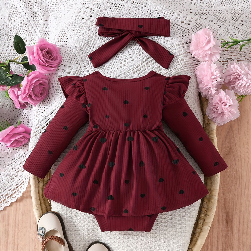 2PCS Cute Heart Print Ruffle Shoulder Long Sleeve Baby Romper