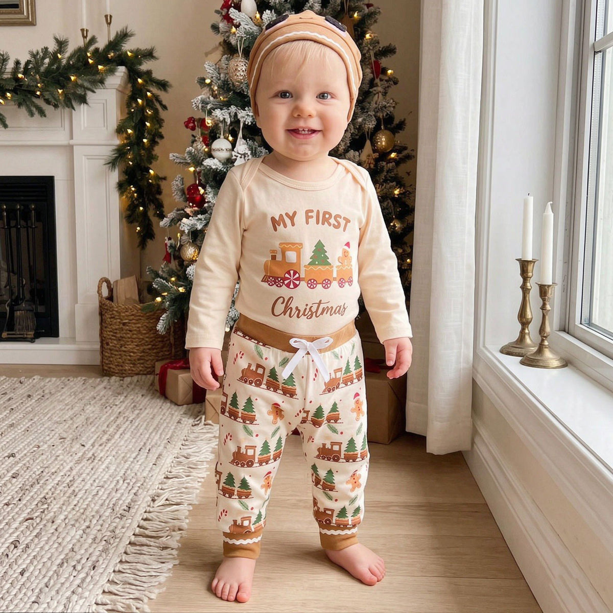 3PCS My First Christmas Letter Gingerbread Printed Long Sleeve Baby Set