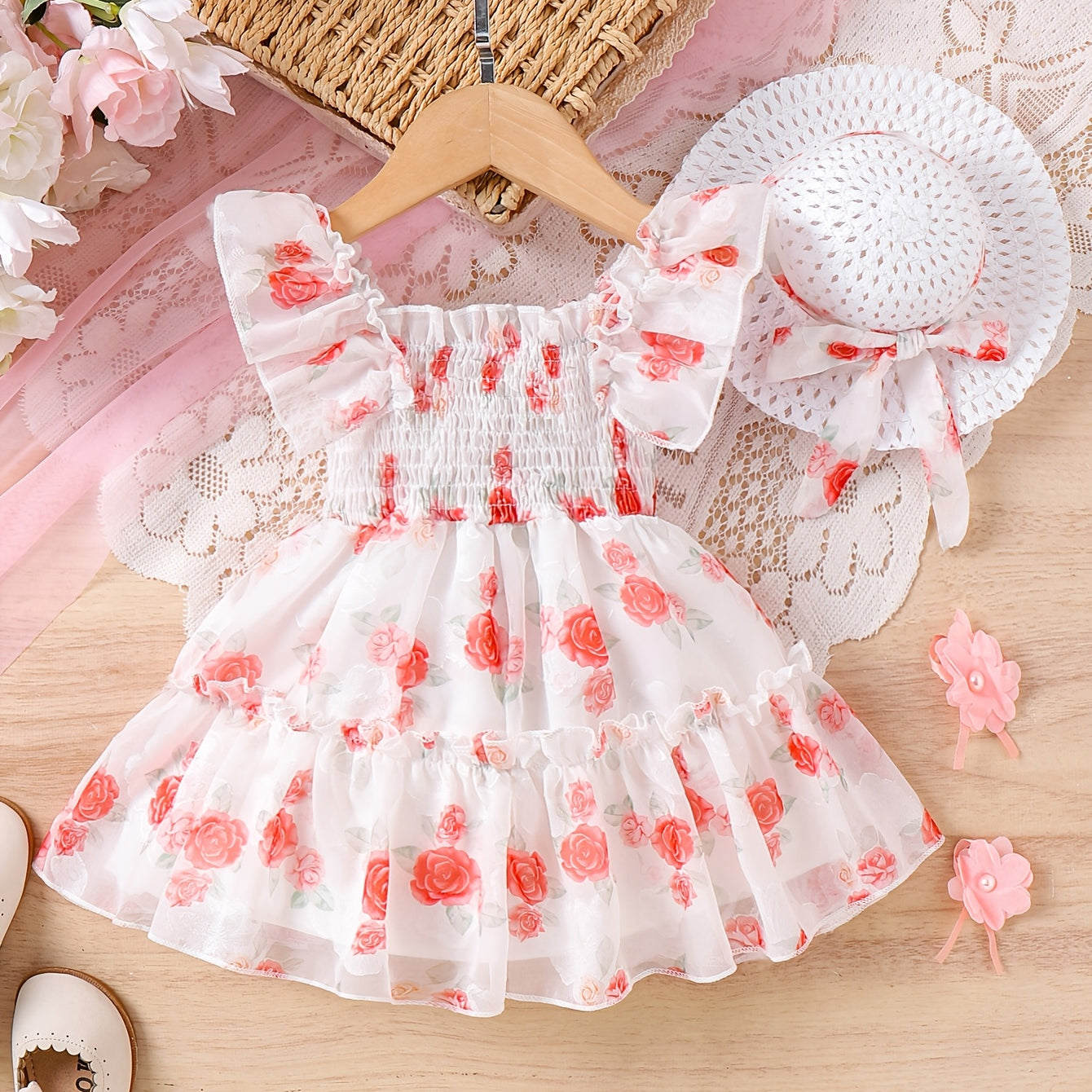 2PCS Adorable Floral Printed Flounce Sleeve Baby Dress