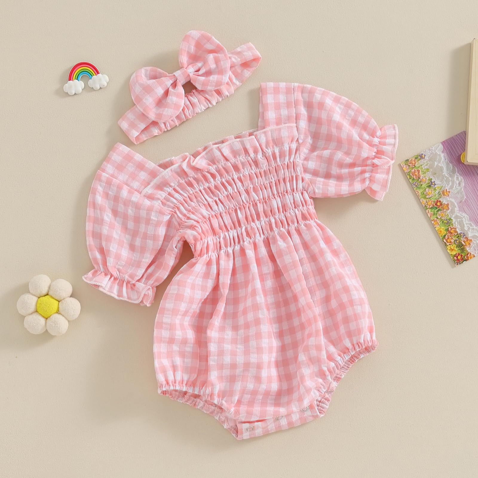 2PCS Sweet Plaid Printed Baby Romper