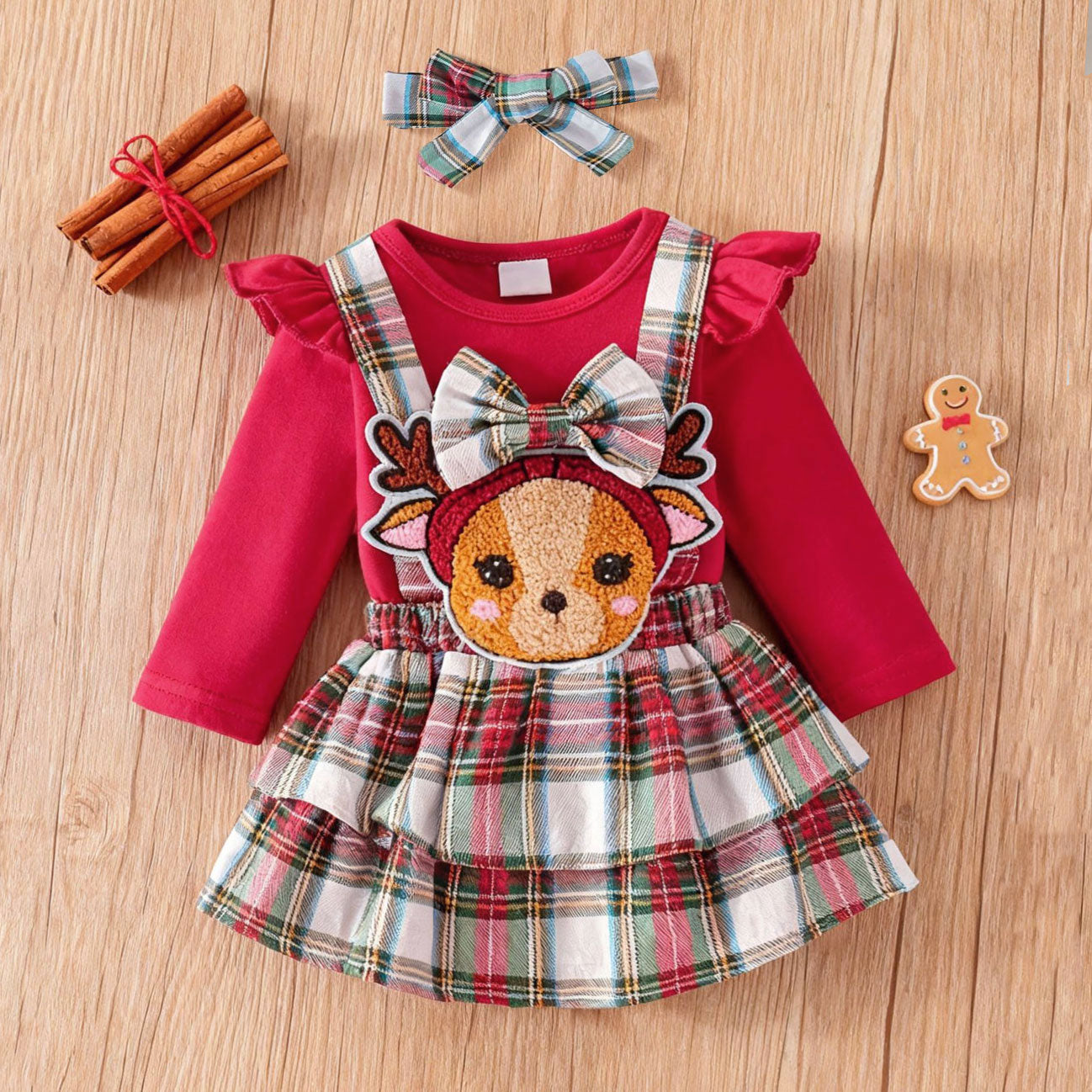 3PCS Lovely 3D Deer Appliqué Plaid Printed Baby Overall Dress Set