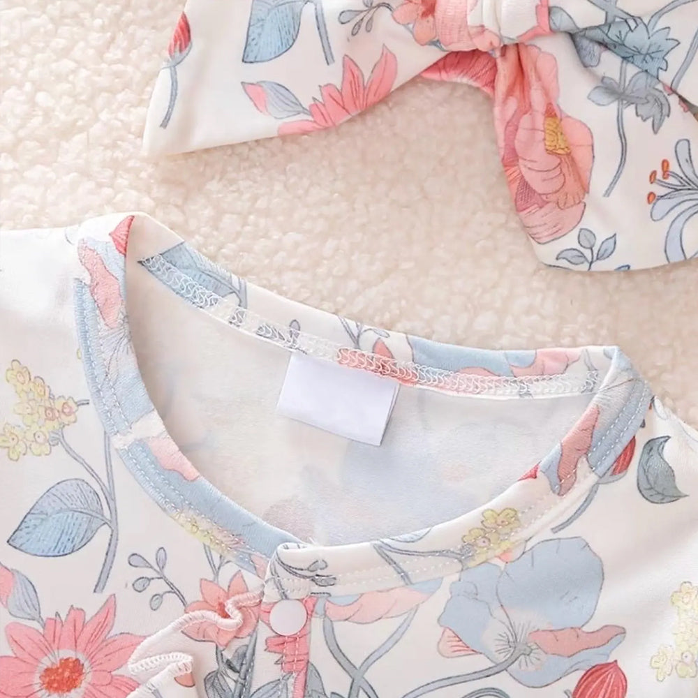2PCS Elegant Floral Printed Ruffle Decor Zipper Baby Jumpsuit