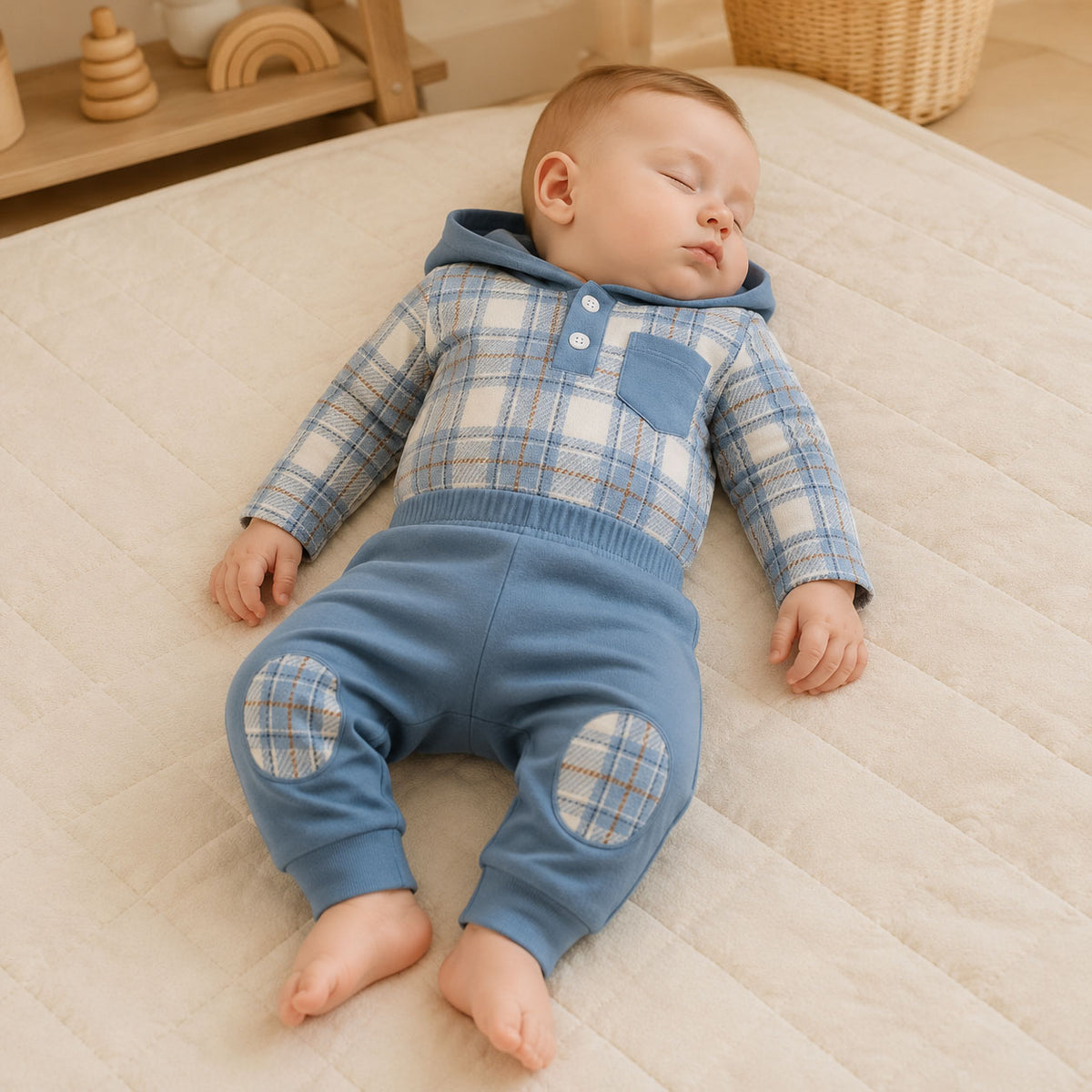 2PCS Casual Plaid Printed Long Sleeve Hoodie Baby Boy Set