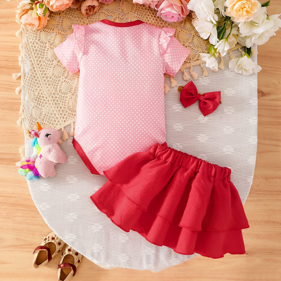 3PCS Cute Bear Appliqué Polka Dots Print Short Sleeve Baby Set