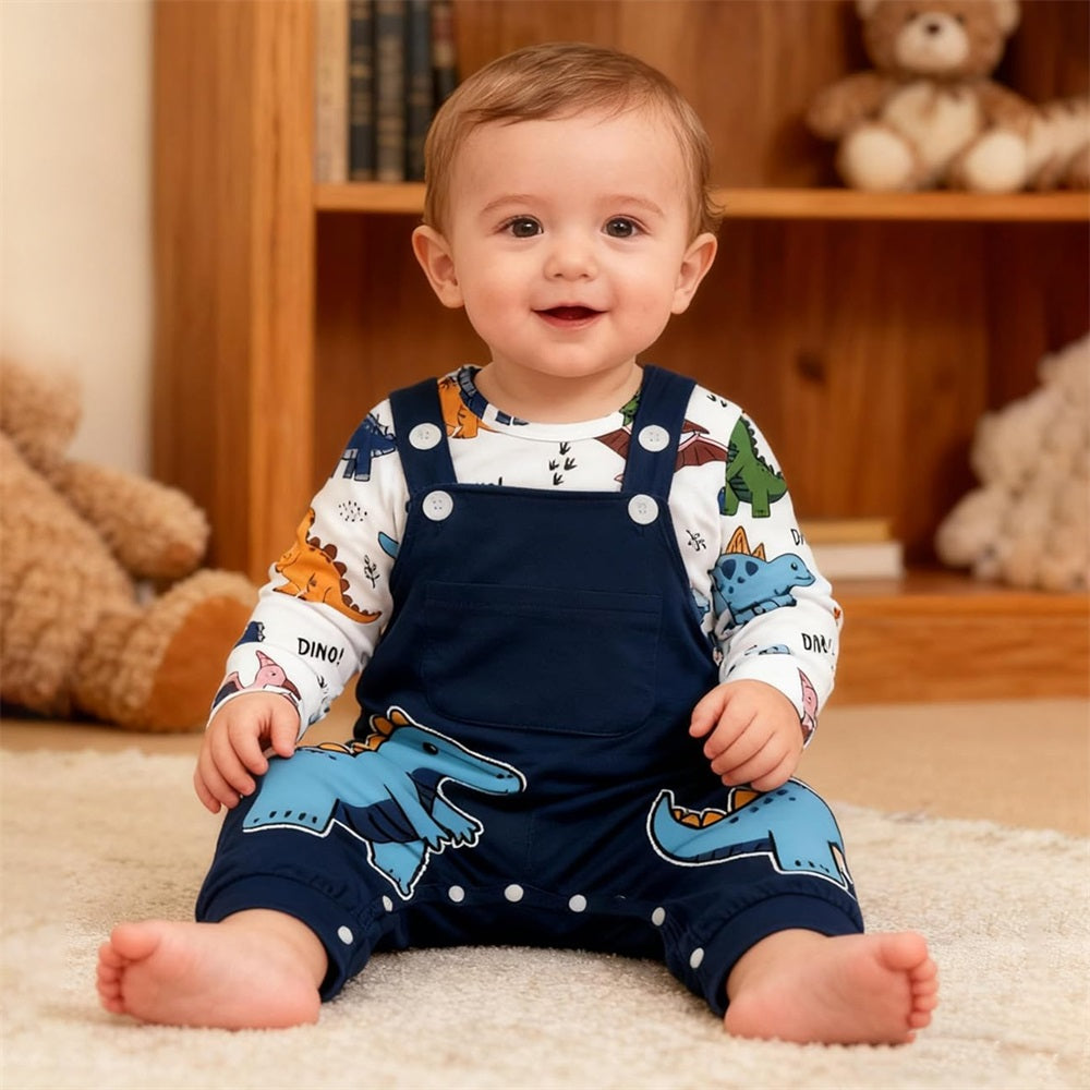 2PCS Casual Cartoon Dinosaur Print Long Sleeve Baby Overalls Set