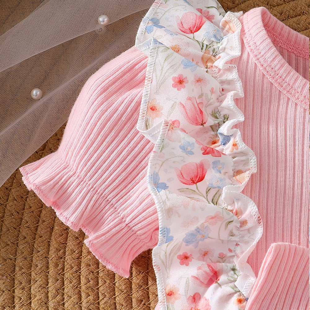 2PCS Pretty Floral Print Bow Short Sleeve Baby Girl Romper