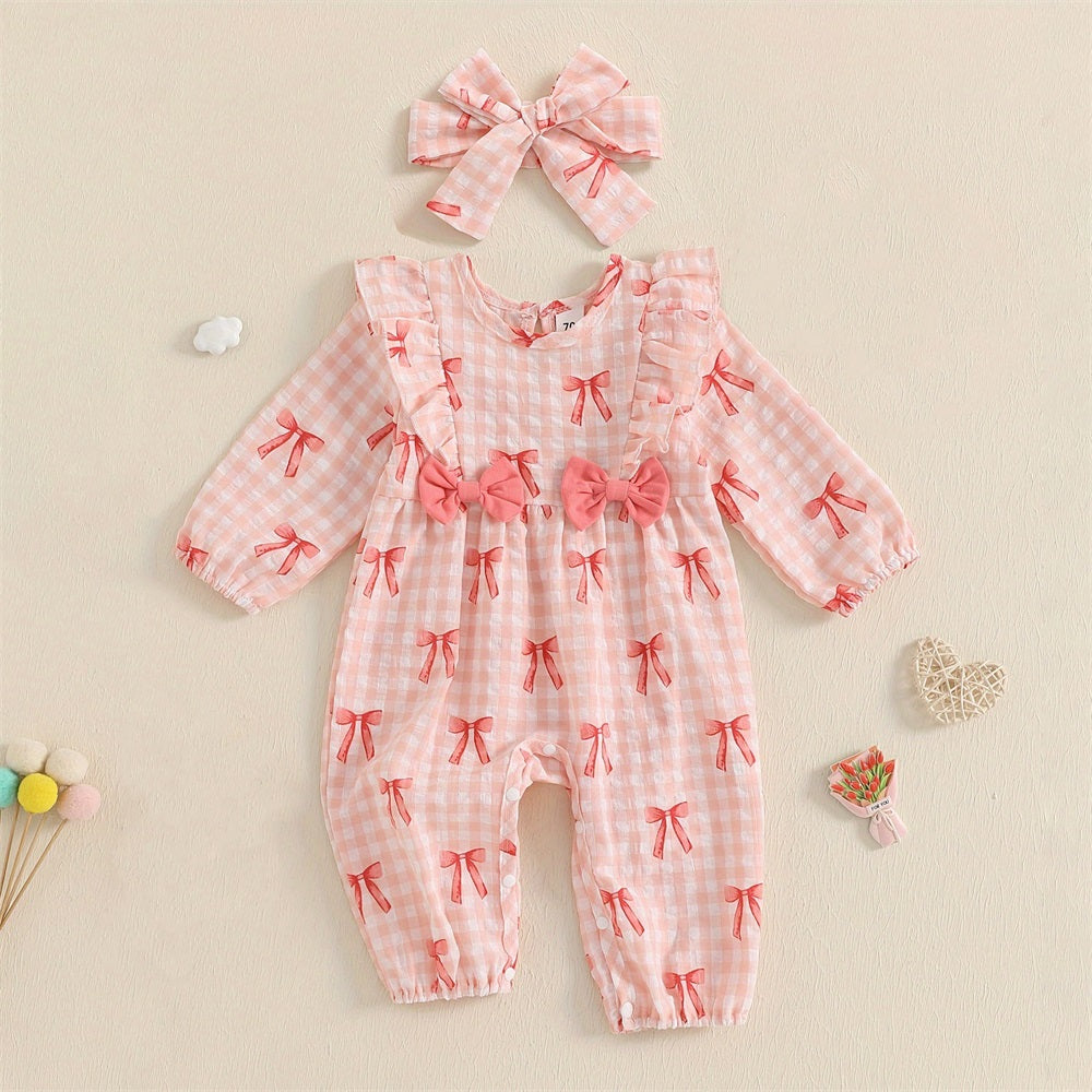2PCS Sweet Bow Print Plaid Long Sleeve Baby Jumpsuit