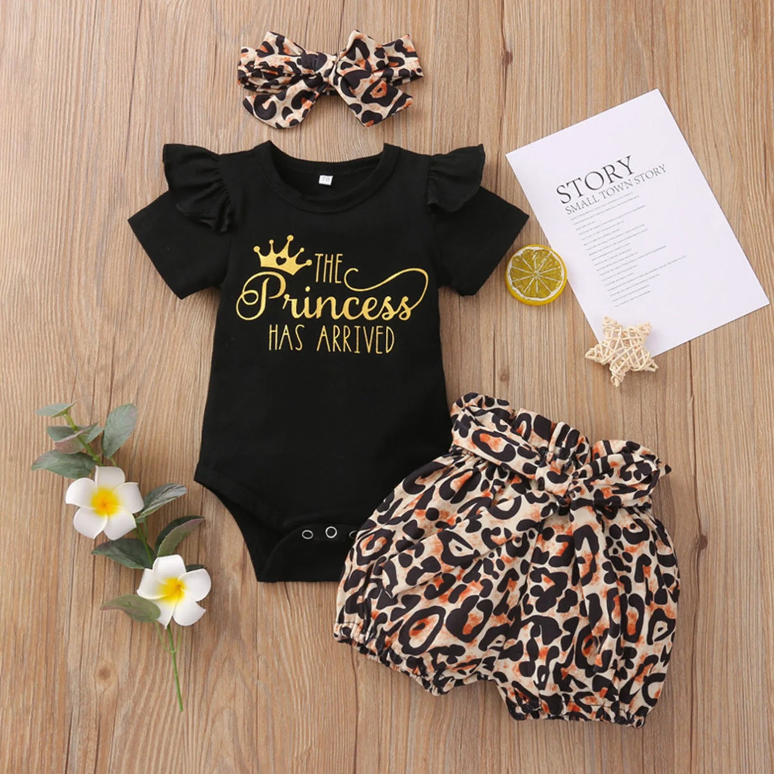 3PCS The Princess Has Arrived Letter Leopard Print Baby Girl Set
