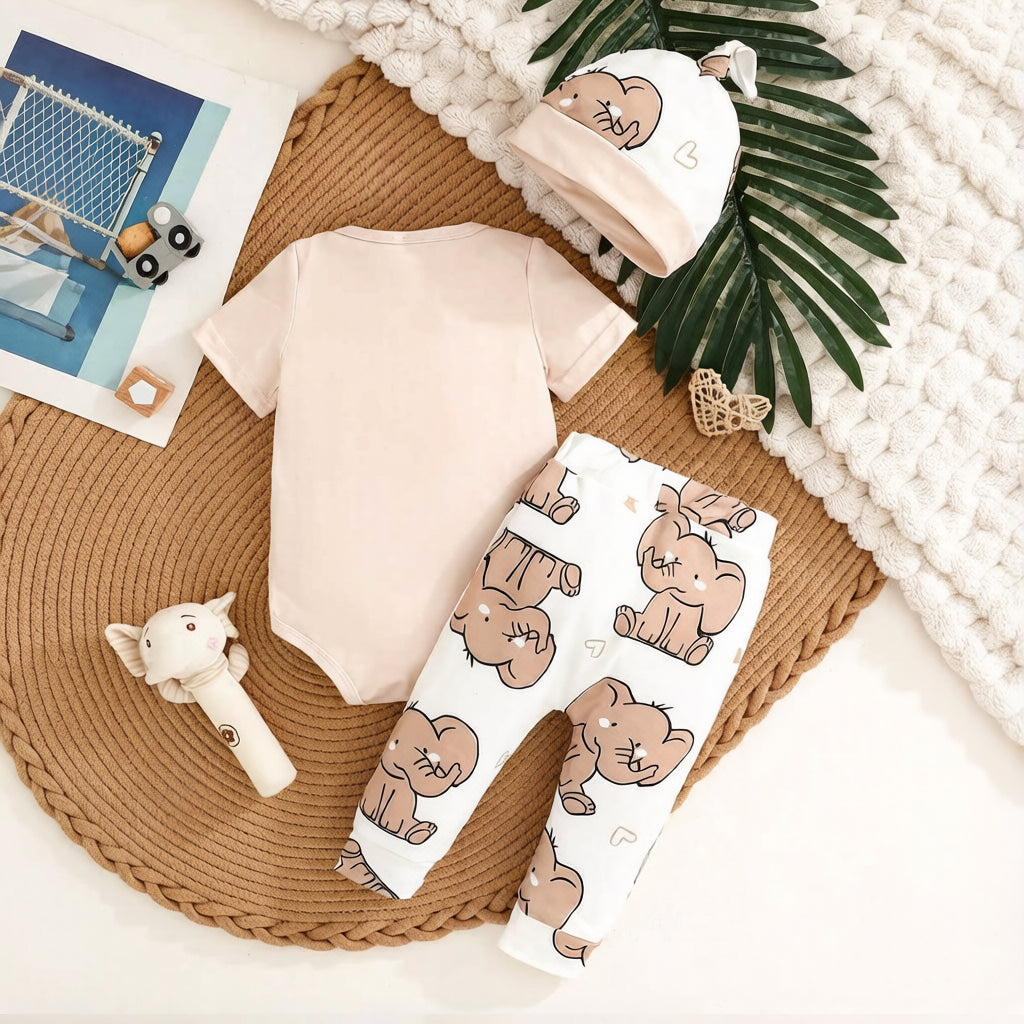 3PCS Happy Every Day Letter Elephant Print Short Sleeve Baby Set