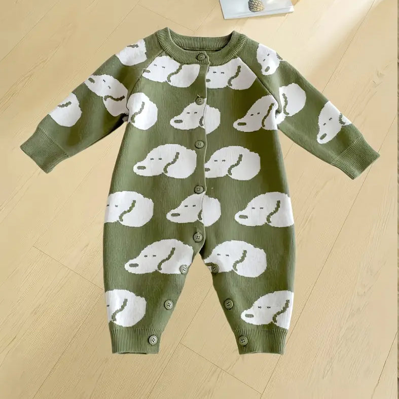 Cute Puppy Print Knitted Long Sleeve Baby Jumpsuit