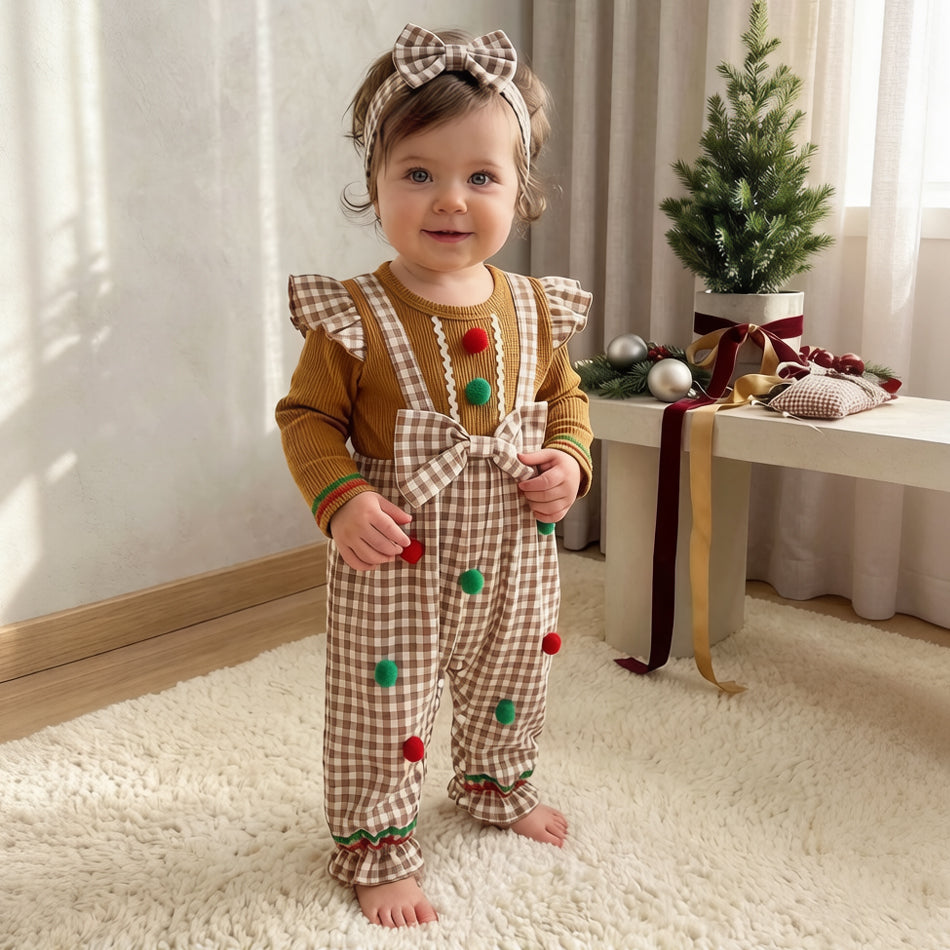 2PCS Christmas Gingerbread Man Plaid Print Baby Jumpsuit