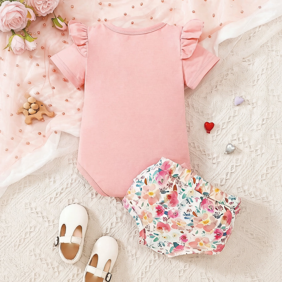 2PCS Little Besties Letter Floral Print Short Sleeve Baby Set
