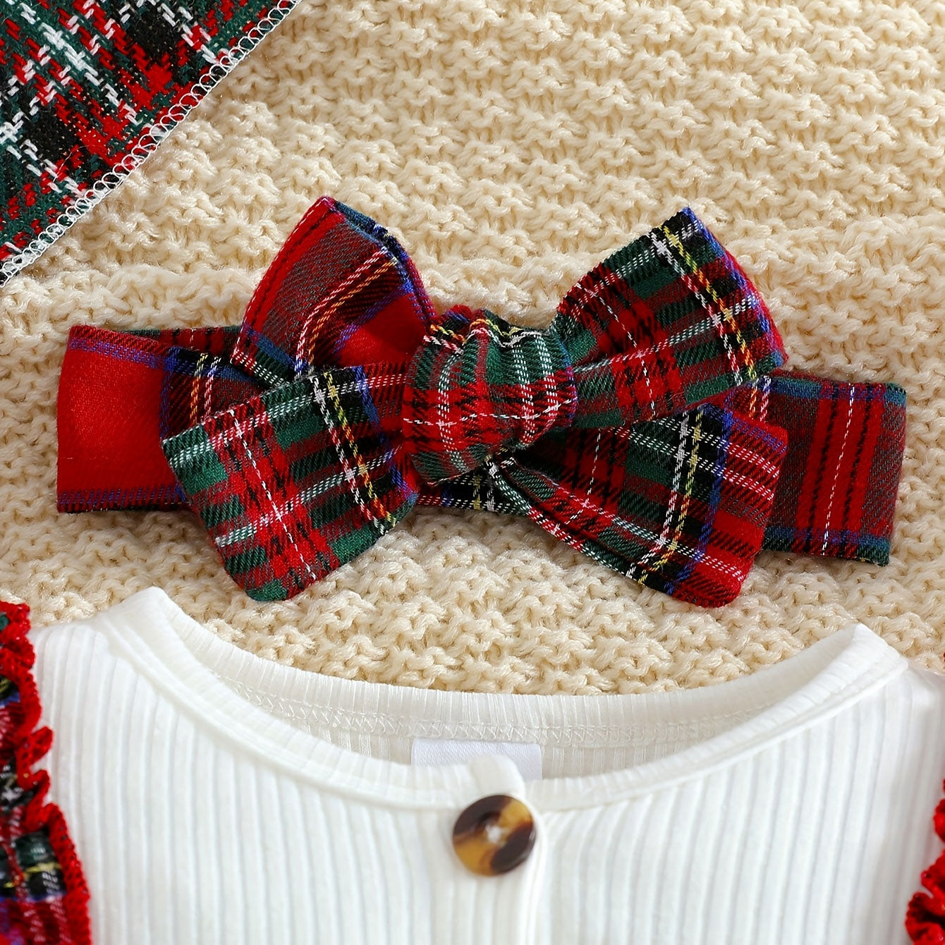 2PCS Christmas Faux-Layered Plaid Printed Long Sleeve Baby Jumpsuit