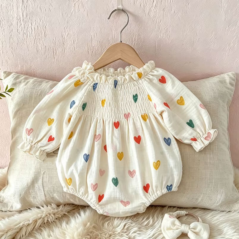 Lovely Heart Print Long Sleeve Baby Girl Bubble Romper