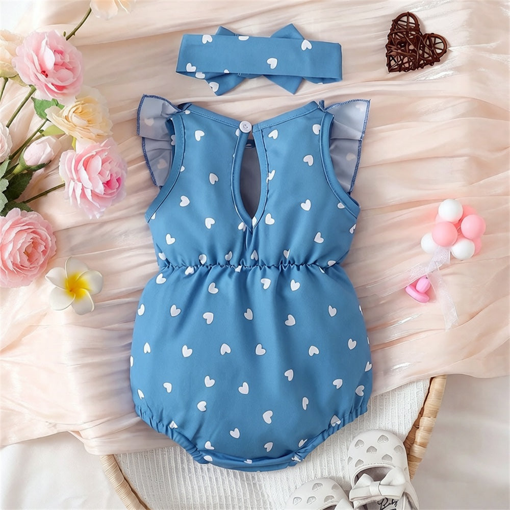 2PCS Sweet Heart Print Flutter Sleeve Baby Girl Romper