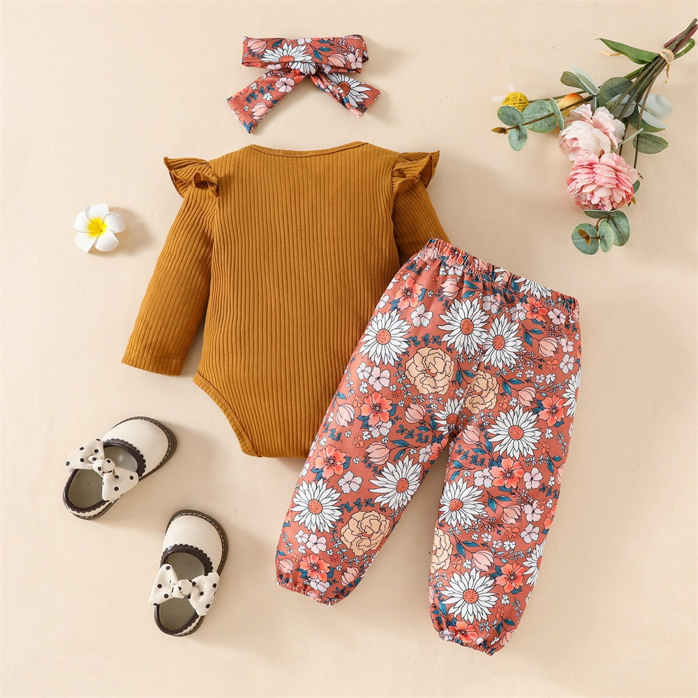 3PCS Trend Floral Print Long Sleeve Baby Set