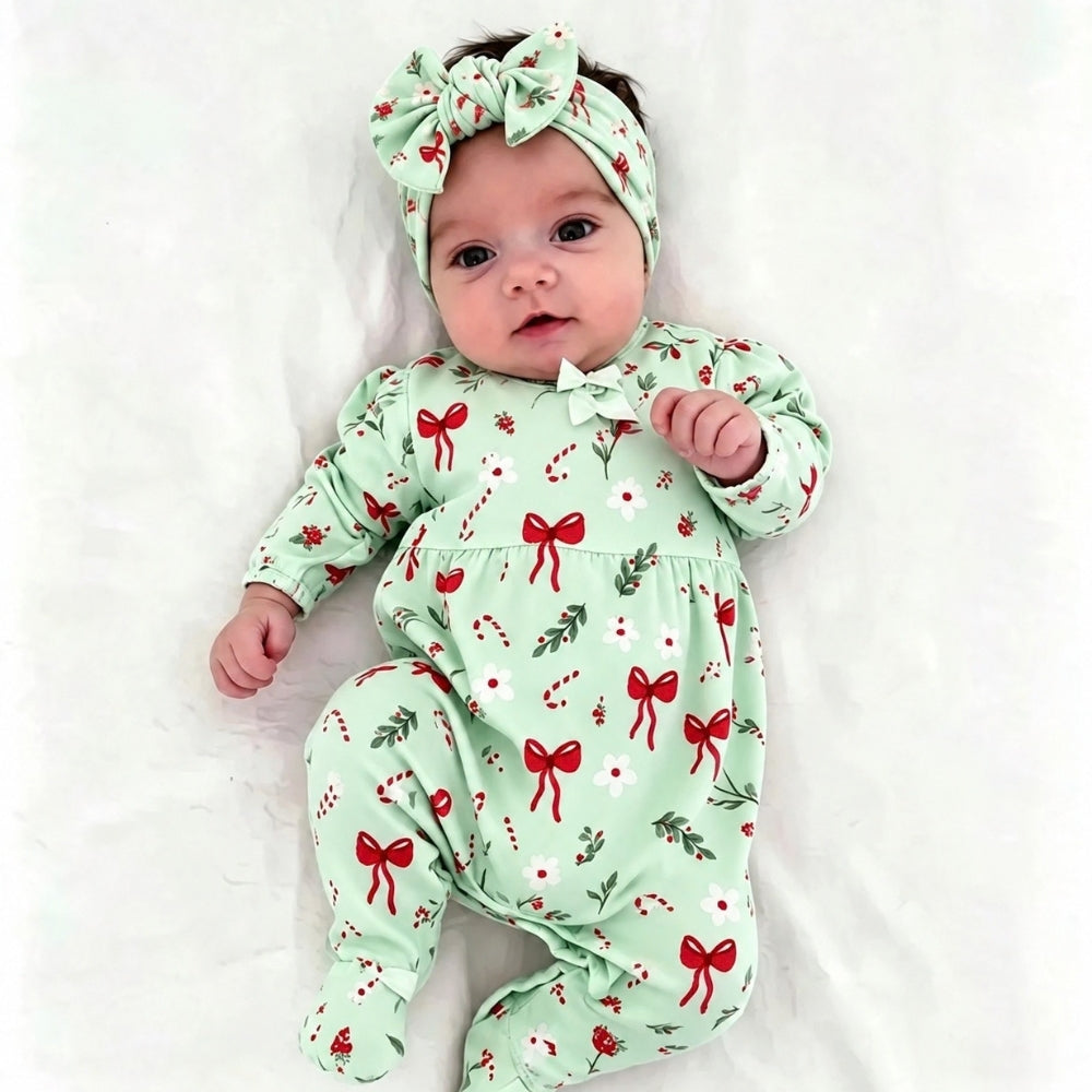 2PCS Lovely Bow Christmas Elements Print Long Sleeve Baby Jumpsuit