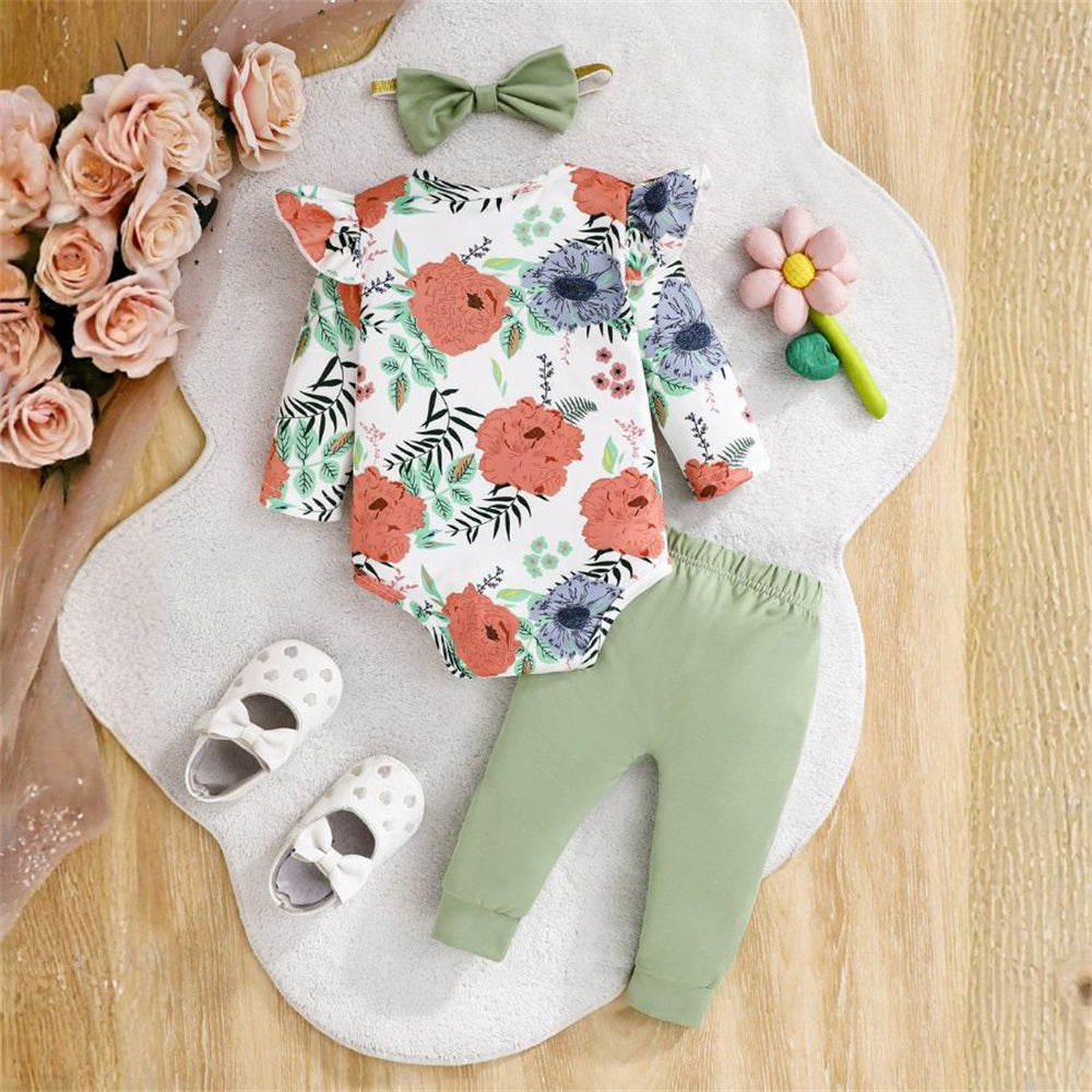 3PCS Casual Cute Floral Printed Long Sleeve Baby Set
