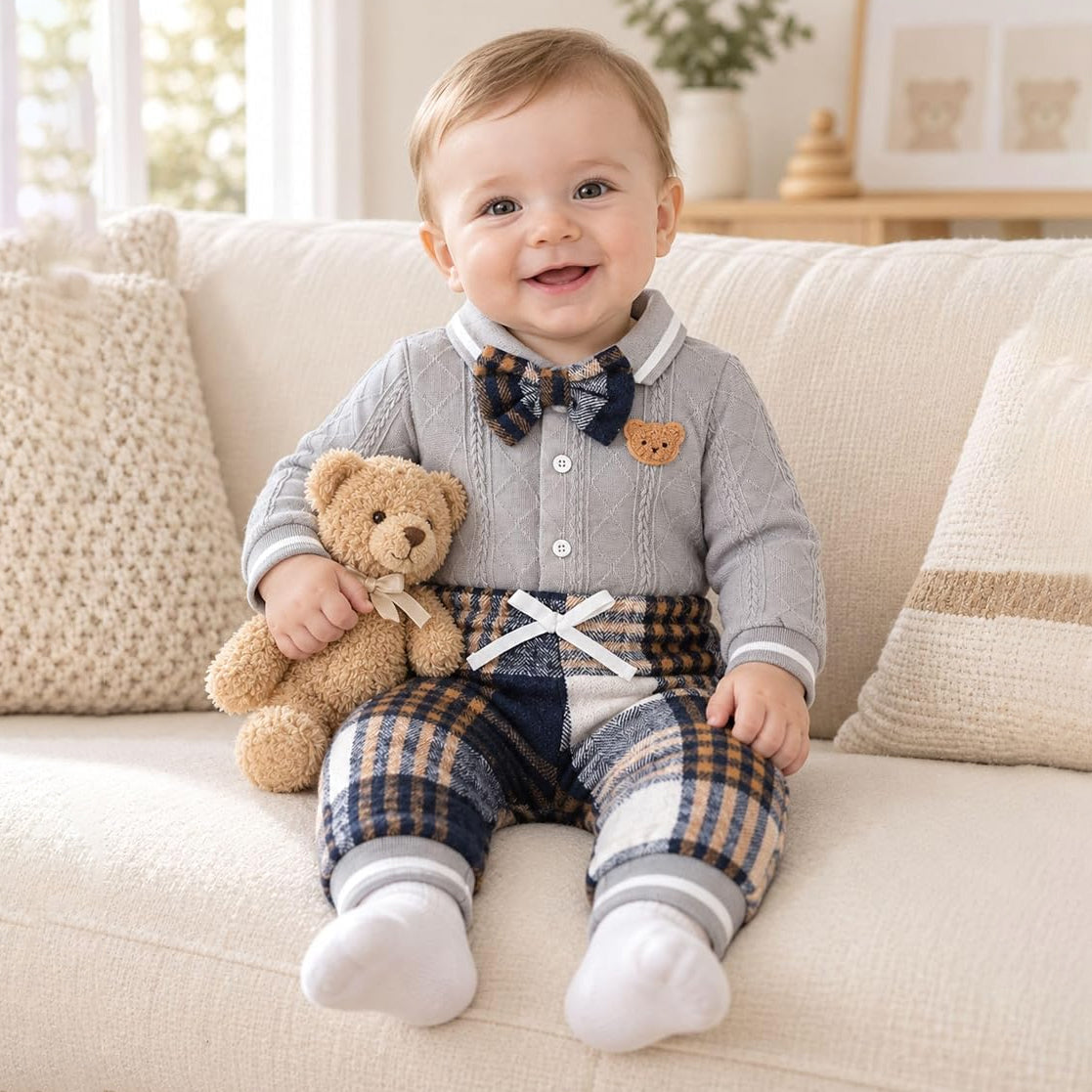 2PCS Chic Bear Applique Plaid Print Long Sleeve Baby Boy Set