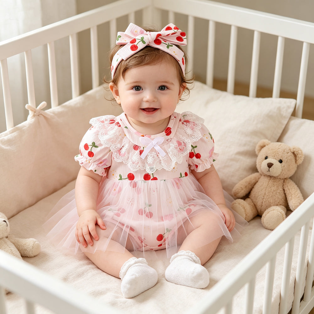2PCS Adorable Cherry Print Tulle Short Sleeve Baby Romper