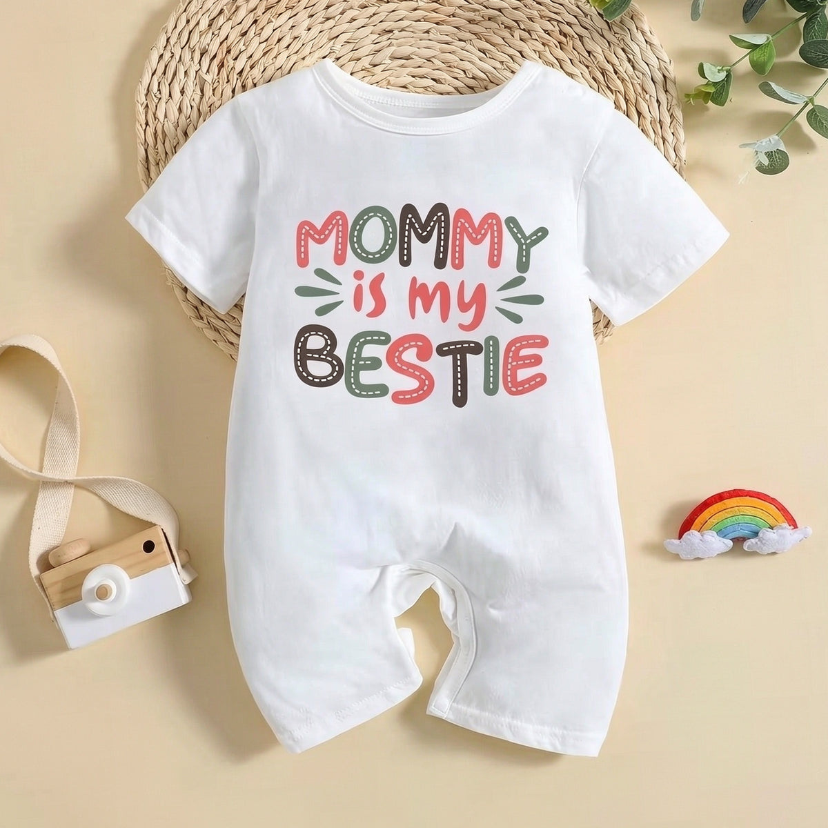 Casual Mommy is My Bestie Letter Printed Short Sleeve Baby Jumpsuit