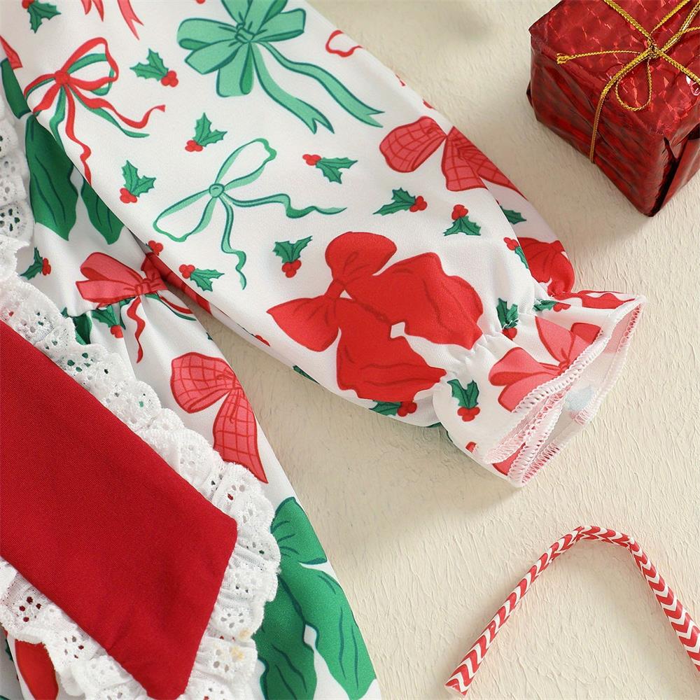 Christmas Bow Print Long Sleeve Baby Girl Romper