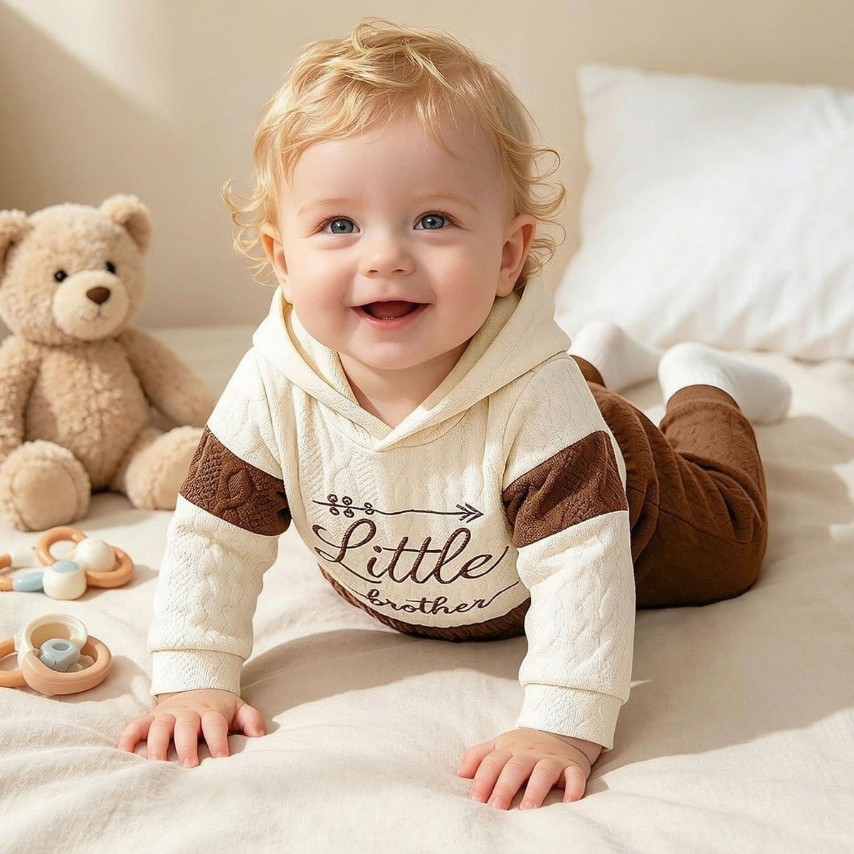 2PCS Little Brother Letter Color Block Hoodie Long Sleeve Baby Set