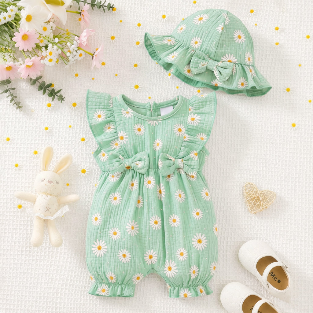 2PCS Fresh Daisy Print Flutter Sleeve Baby Jumpsuit