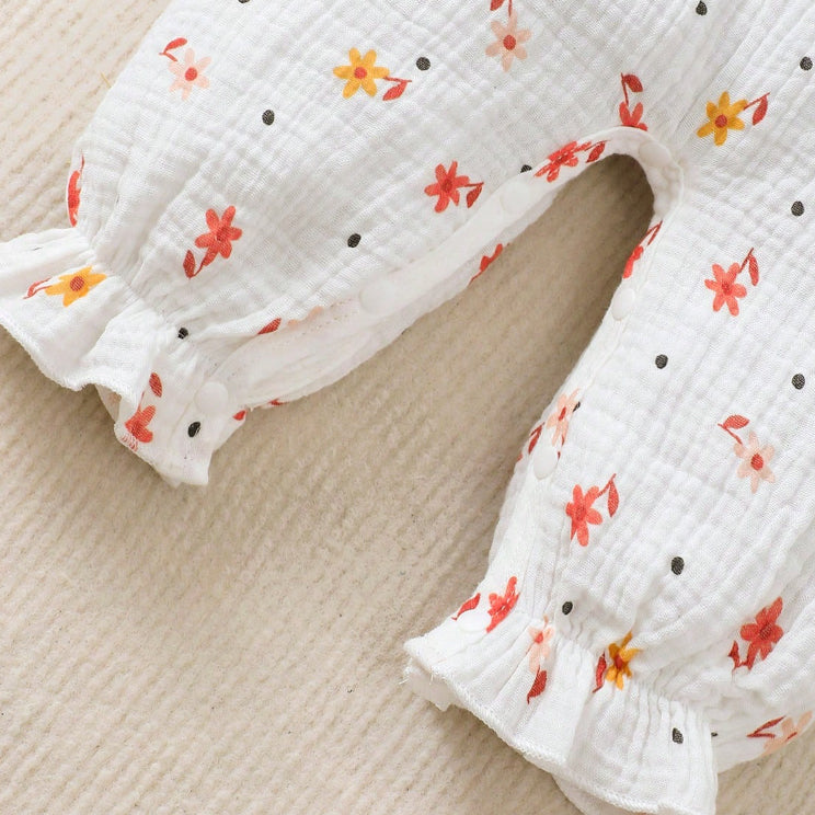 Allover Lovely Floral Printed Bow Long Sleeve Baby Jumpsuit