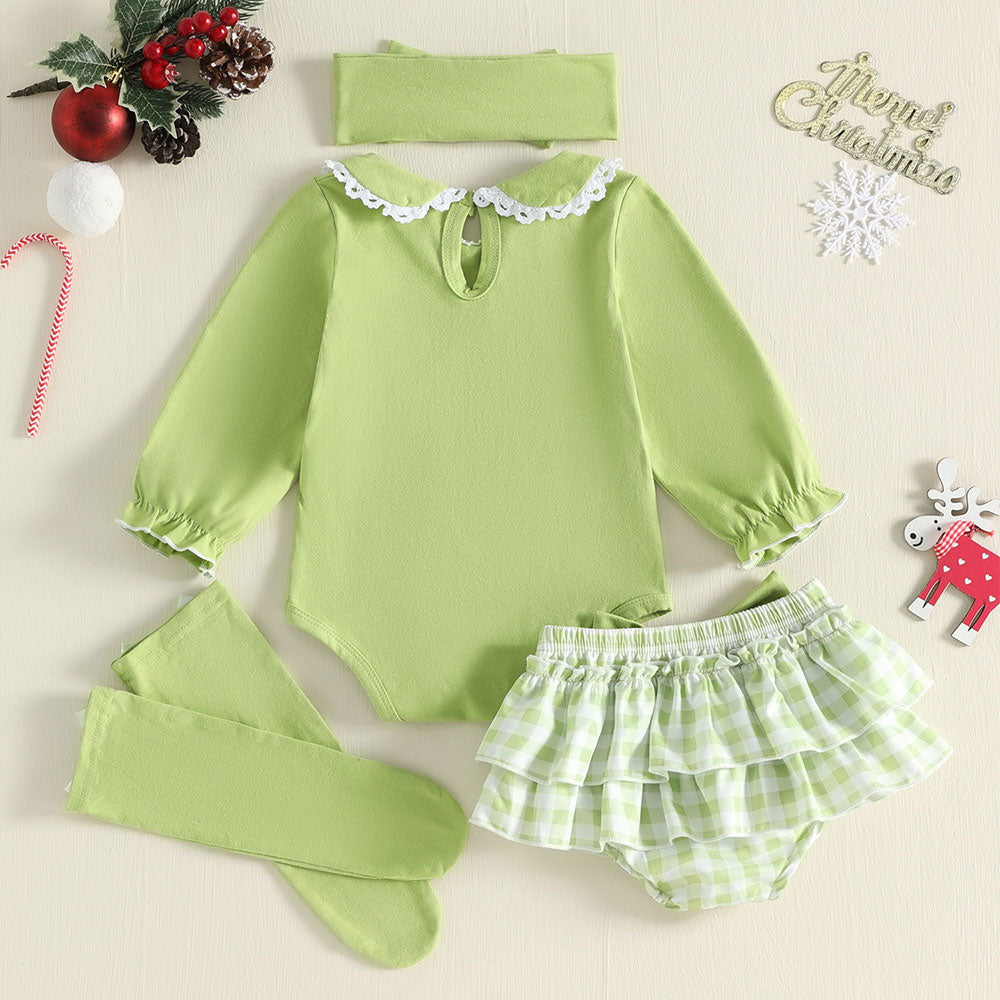 4PCS Christmas Heart and Plaid Printed Long Sleeve Baby Girl Set