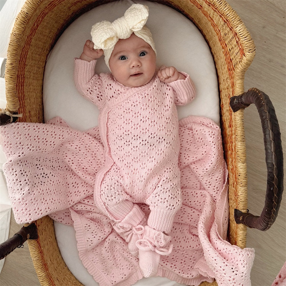 Vintage Knit Solid Color Hollow Out Long Sleeve Baby Jumpsuit